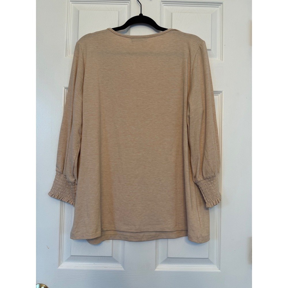 PGANDS Women Beige Notched V-Neck Puff Sleeve Smocked Cuff Knit Top Large - Picture 4 of 7